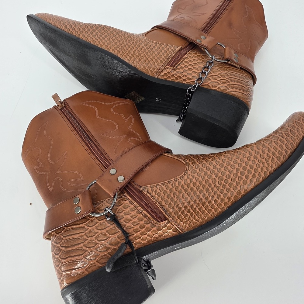 Western Cowboy Boots Brown, Faux Crocodile Metro Charm Diego-01 Strap Buckle - Picture 5 of 10